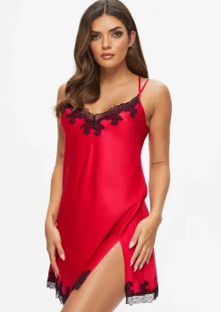 Sorella Satin Lace Trim Chemise Lingerie - Red