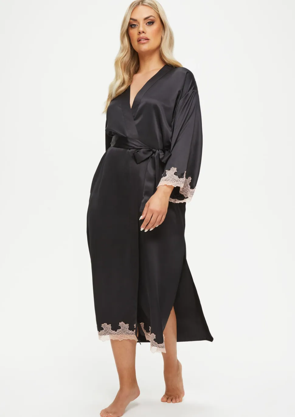 Sorella Satin Lace Trim Maxi Robe - Black