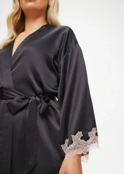 Sorella Satin Lace Trim Maxi Robe - Black