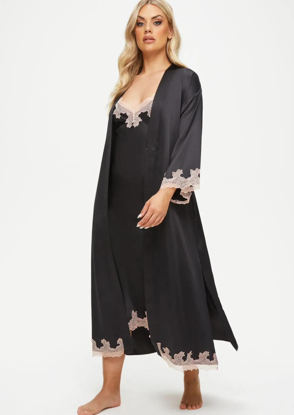 Sorella Satin Lace Trim Maxi Robe - Black