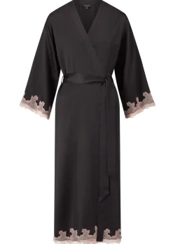 Sorella Satin Lace Trim Maxi Robe - Black