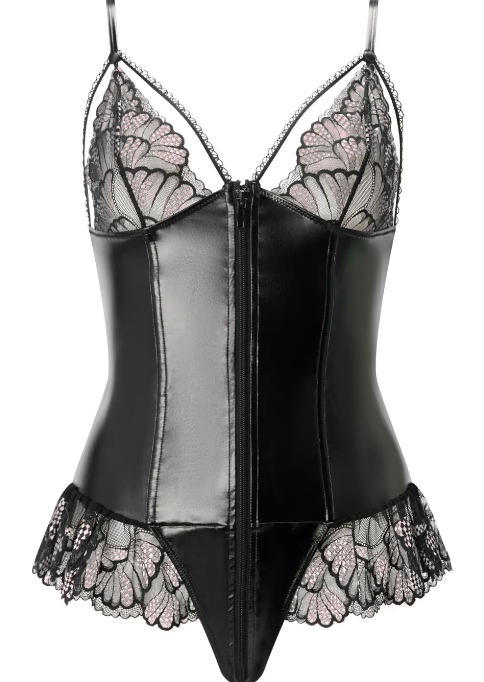 Sultry Affair PU Zip Through Crotchless Teddy Lingerie - Black/Pink