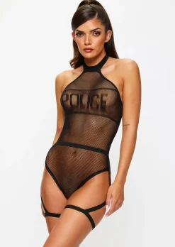 Sultry Sergeant Crotchless Police Body Costume with Suspenders - Black