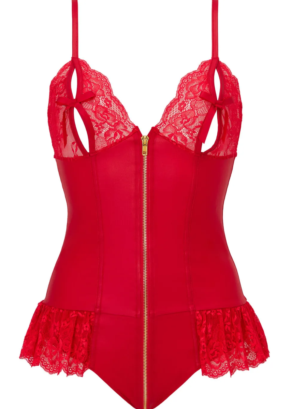 Tasha PU Peep Hole Zip Through Crotchless Teddy Lingerie - Red