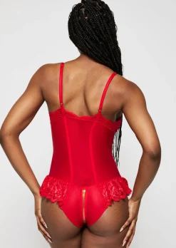 Tasha PU Peep Hole Zip Through Crotchless Teddy Lingerie - Red