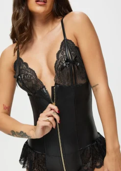 Tasha PU Peep Hole Zip Through Crotchless Teddy Lingerie - Black