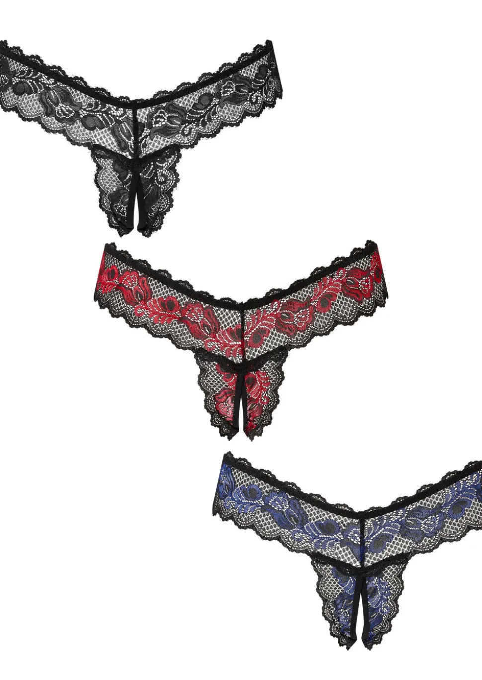 Triple Threat Lace Crotchless Thong - Pack of 3 - Multi