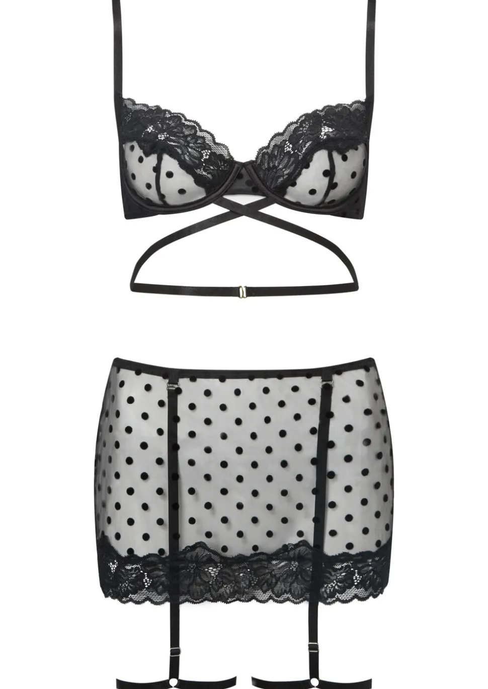 Twilight Tease Lace Crotchless Lingerie 2 Piece Set - Black