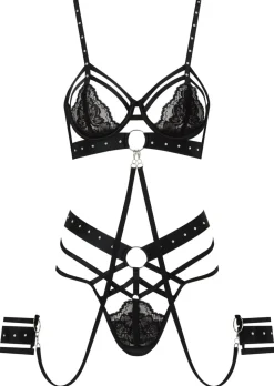Unleash Me Lace Crotchless Lingerie 3 Piece Set - Black