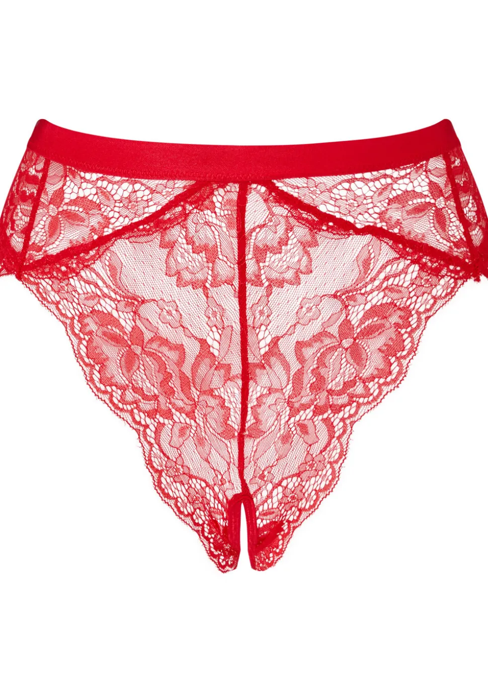 Unwrap Me Lace High Waisted Crotchless Brazilian Knickers - Red