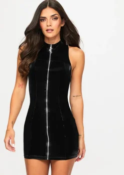 Wicked Temptations Zip Through PU Dress - Black
