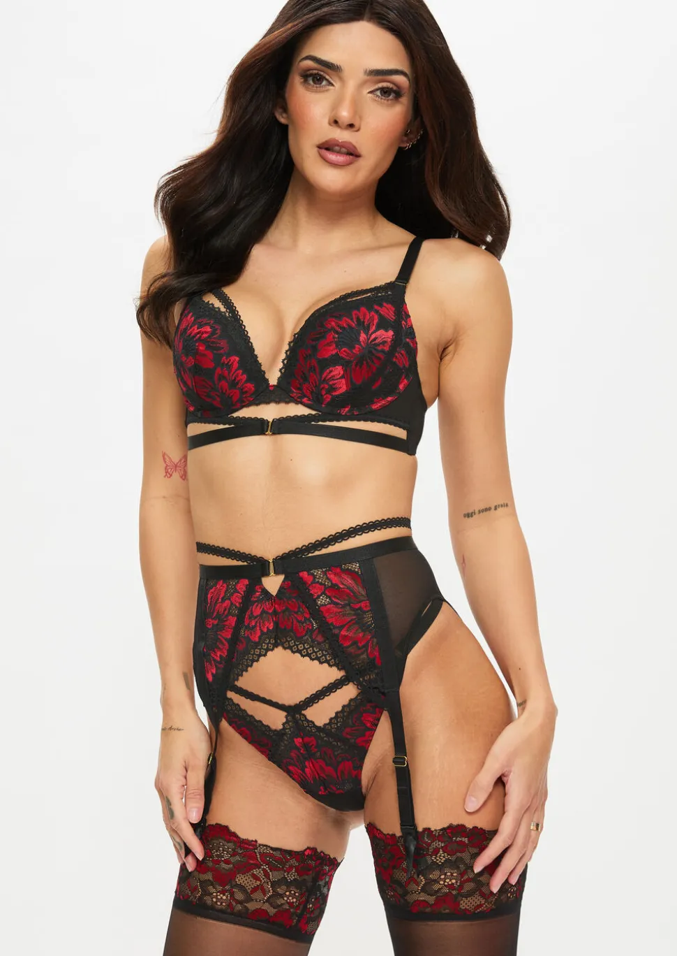 Yours Truly Lace Padded Plunge Bra - Black/Red