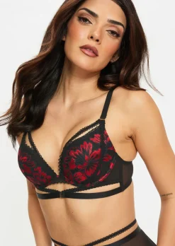 Yours Truly Lace Padded Plunge Bra - Black/Red
