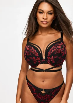 Yours Truly Lace Padded Plunge Bra - Black/Red