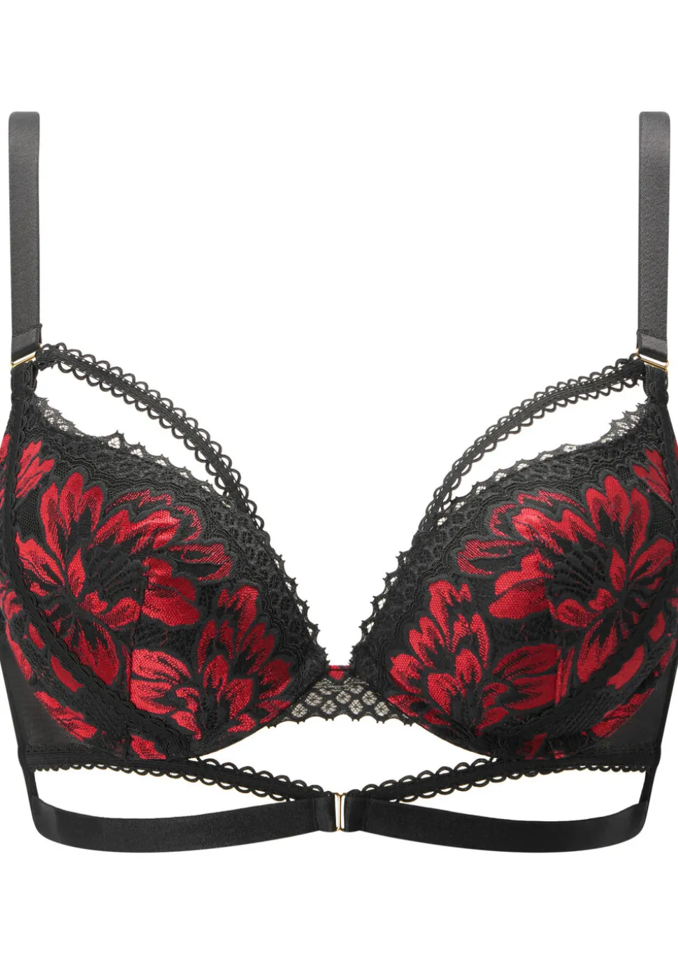 Yours Truly Lace Padded Plunge Bra - Black/Red