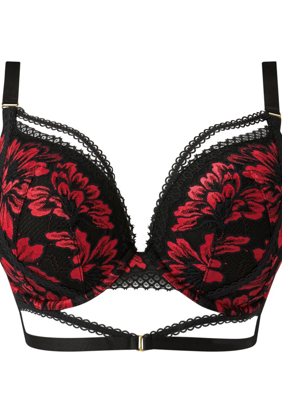 Yours Truly Lace Padded Plunge Bra - Black/Red