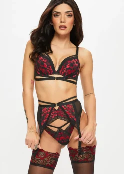Yours Truly Lace Suspender Belt - Black/Red