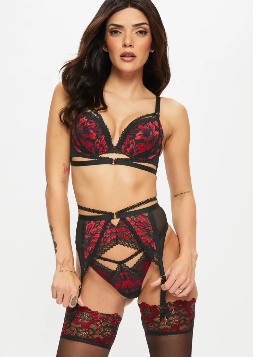 Yours Truly Lace Suspender Belt - Black/Red