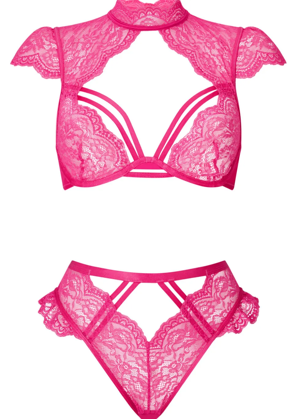 Zalia Lace Crotchless Lingerie 2 Piece Set - Bright Pink