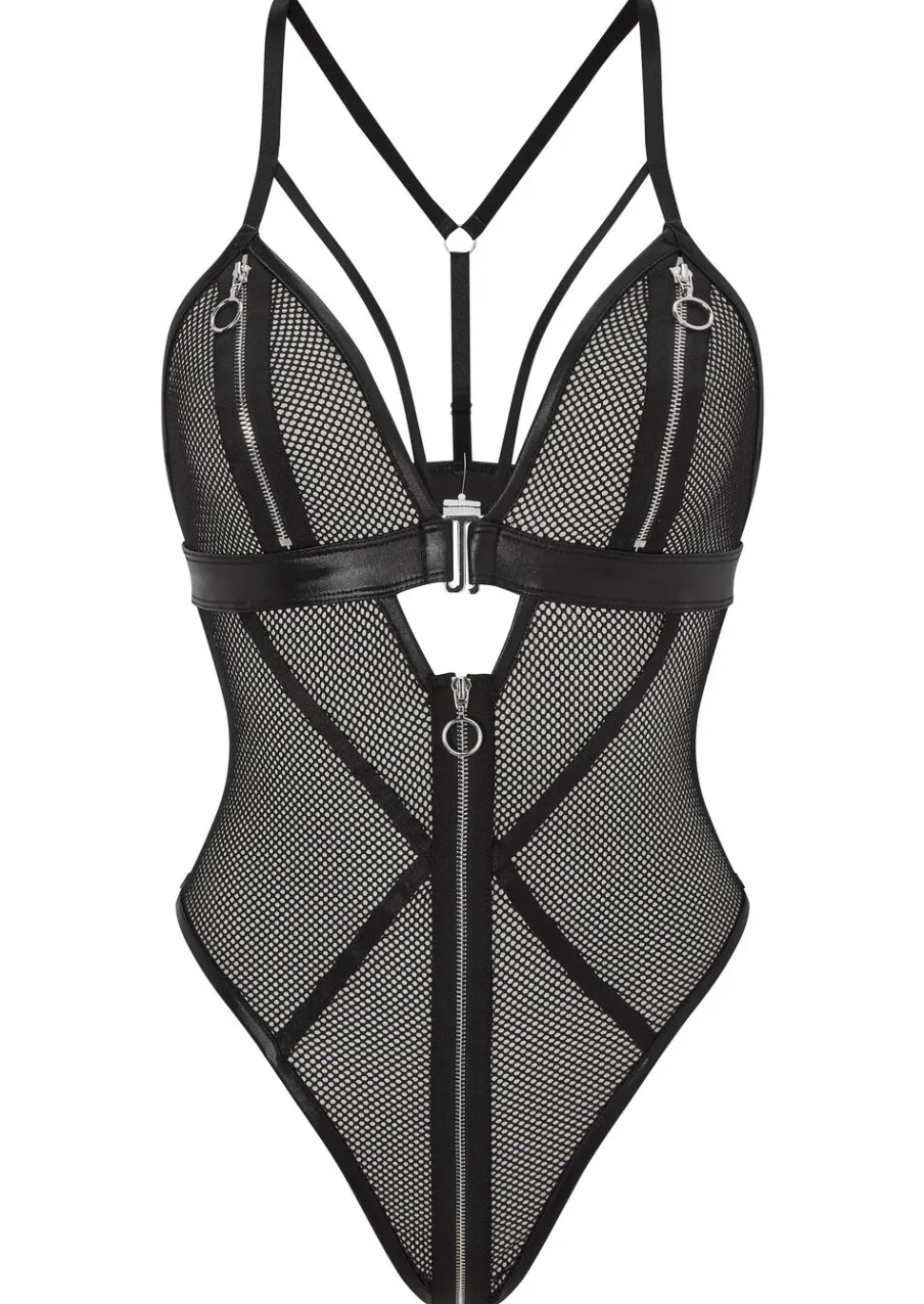 Zorah Fishnet Zip Peephole Crotchless Lingerie Body - Black